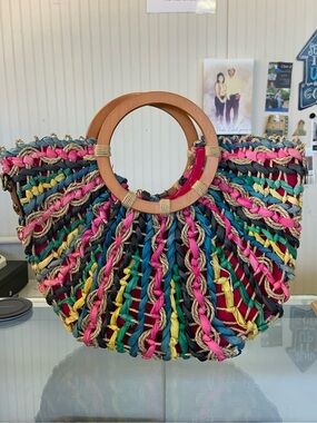 Patricia Nash Multicolor Woven Straw Tote - Pink, Teal, Yellow & Navy